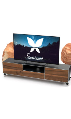 tv-lowboard-industrial-nussbaum-schwarz-grau-holz-massivholz-modern-160-cm-wohnzimmer-metall-design-hifi-mit-2-schubladen-klappe-schwarzstahl-stahlzart-dot-1