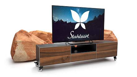 tv-lowboard-industrial-nussbaum-schwarz-grau-holz-massivholz-modern-160-cm-wohnzimmer-metall-designer-hifi-mit-2-schubladen-klappe-zunderstahl-stahlzart-dot-1