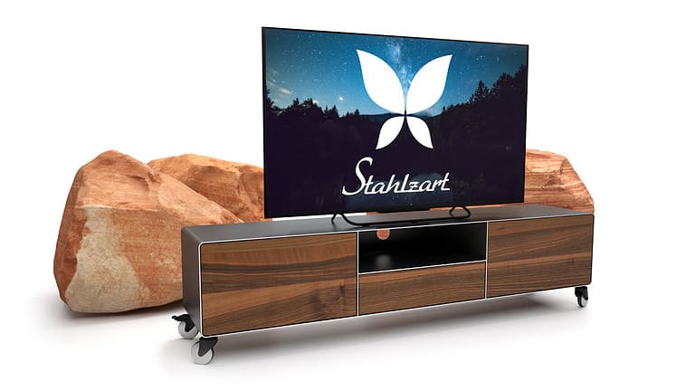 tv-lowboard-industrial-nussbaum-schwarz-grau-holz-massivholz-modern-160-cm-wohnzimmer-metall-designer-hifi-mit-2-schubladen-klappe-zunderstahl-stahlzart-dot-1